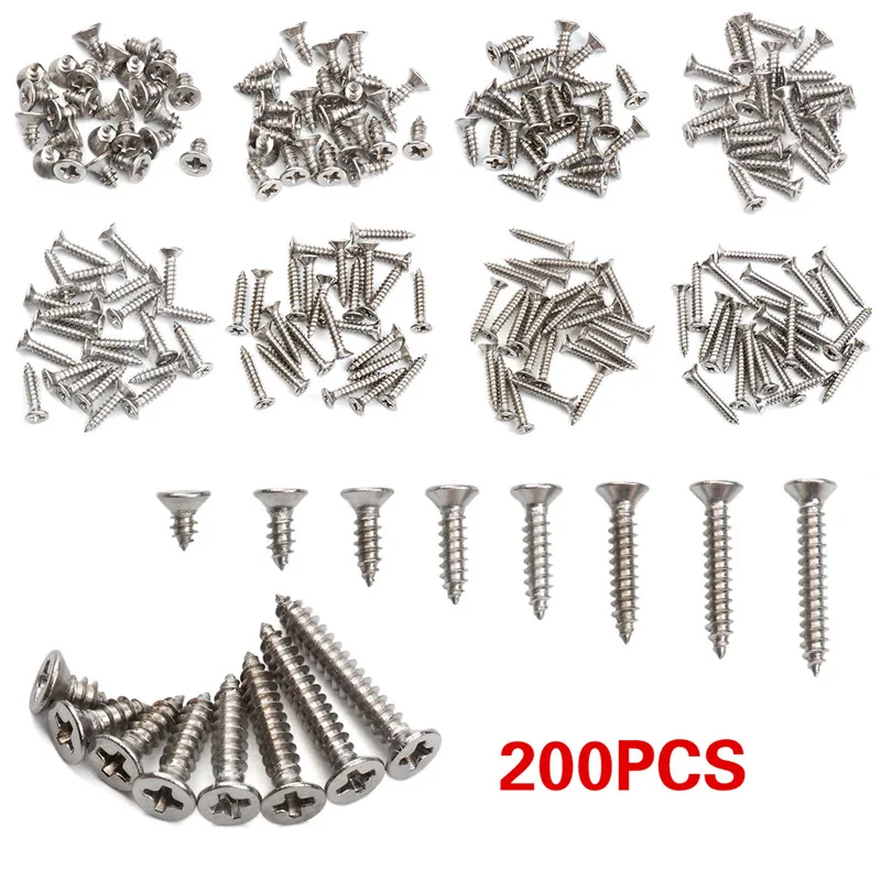 

200Pcs M3*6/8/10/12/14/16/18/20 Flat Head Self Tapping Screw Round Head Phillips Truss Mushroom Screws Assortment Kits