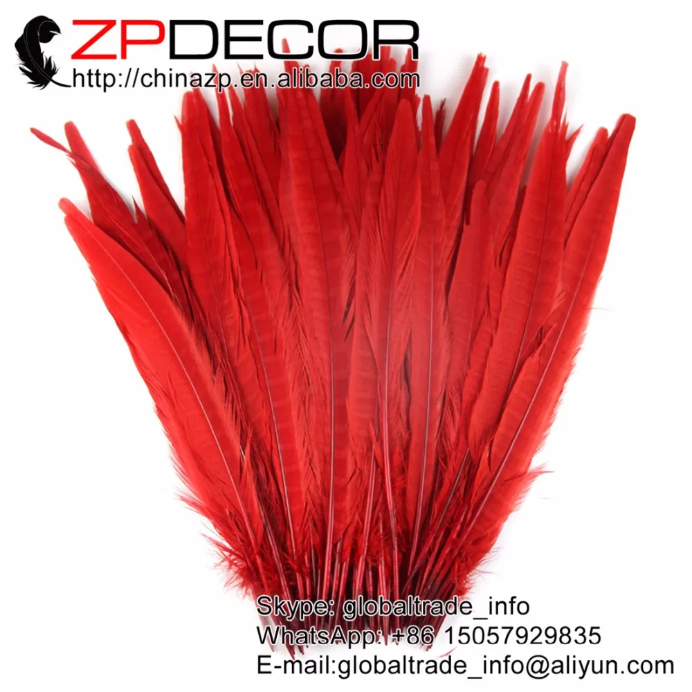 

ZPDECOR 100 pieces/lot 30-35cm(12-14inch) Good Quality Red Dyed Ringneck Pheasant Tail Plume Feathers for Carnival Costume
