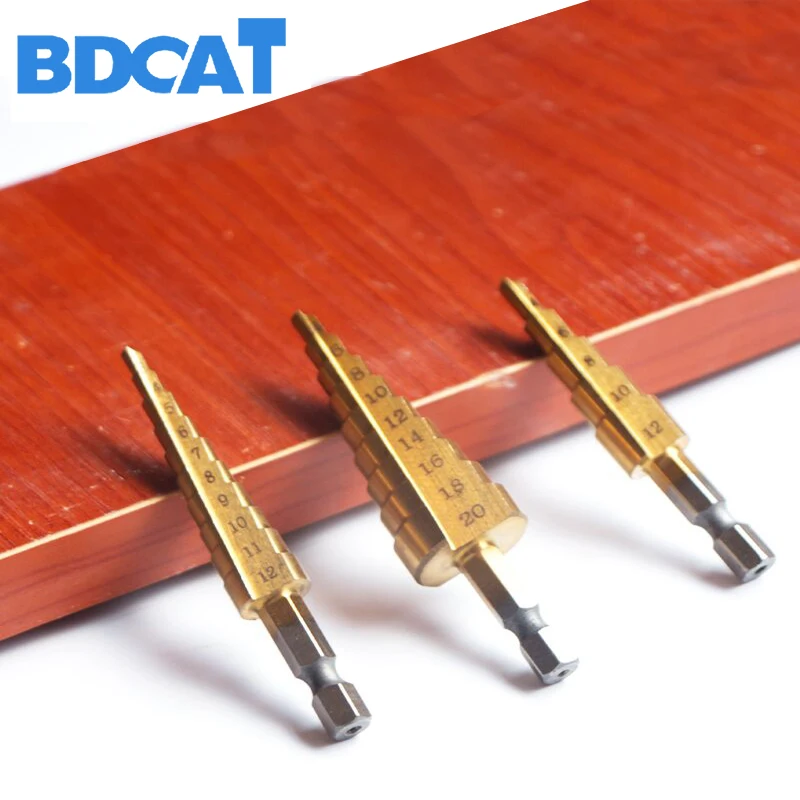 

3pcs HSS Steel Titanium Step Drill Bits 3-12mm 4-12mm 4-20mm Step Cone Cutting Tools Steel Woodworking Wood Metal Drilling Set