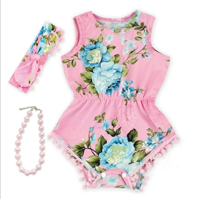 

2021 new Baby Girl Pretty summer Romper Flower Pom Pom Romper Child Rosy Baby Girl baby floral romper baby girl boutique outfits