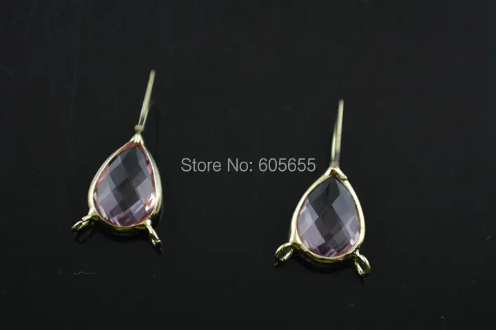 

Unique Faceted Pink Glass Flat Drop Beads Gold color Hooks Earrings Connectors with two loops Jewelry Findings
