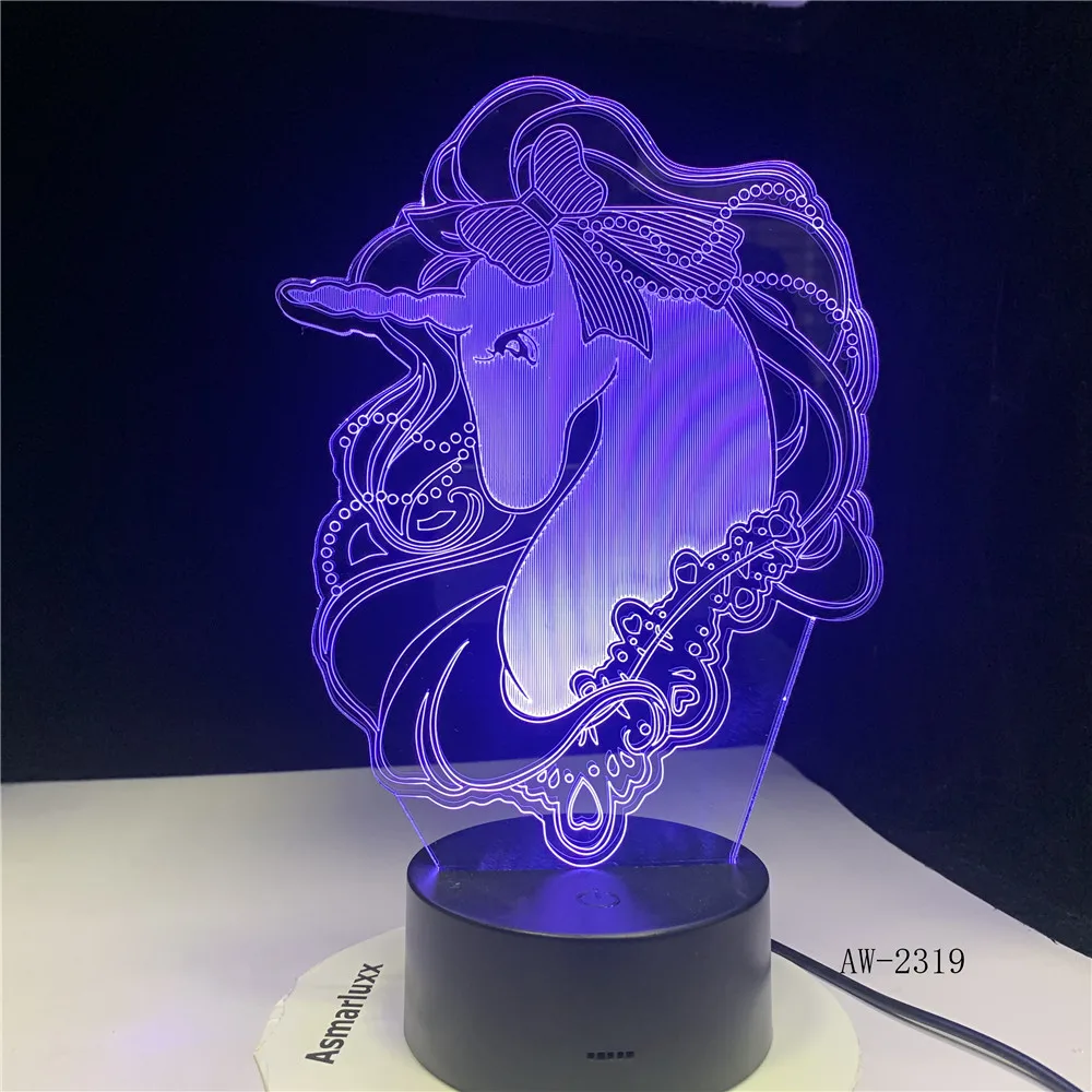 3D Светодиодная настольная лампа в виде единорога ночник с изменением 7 цветов
