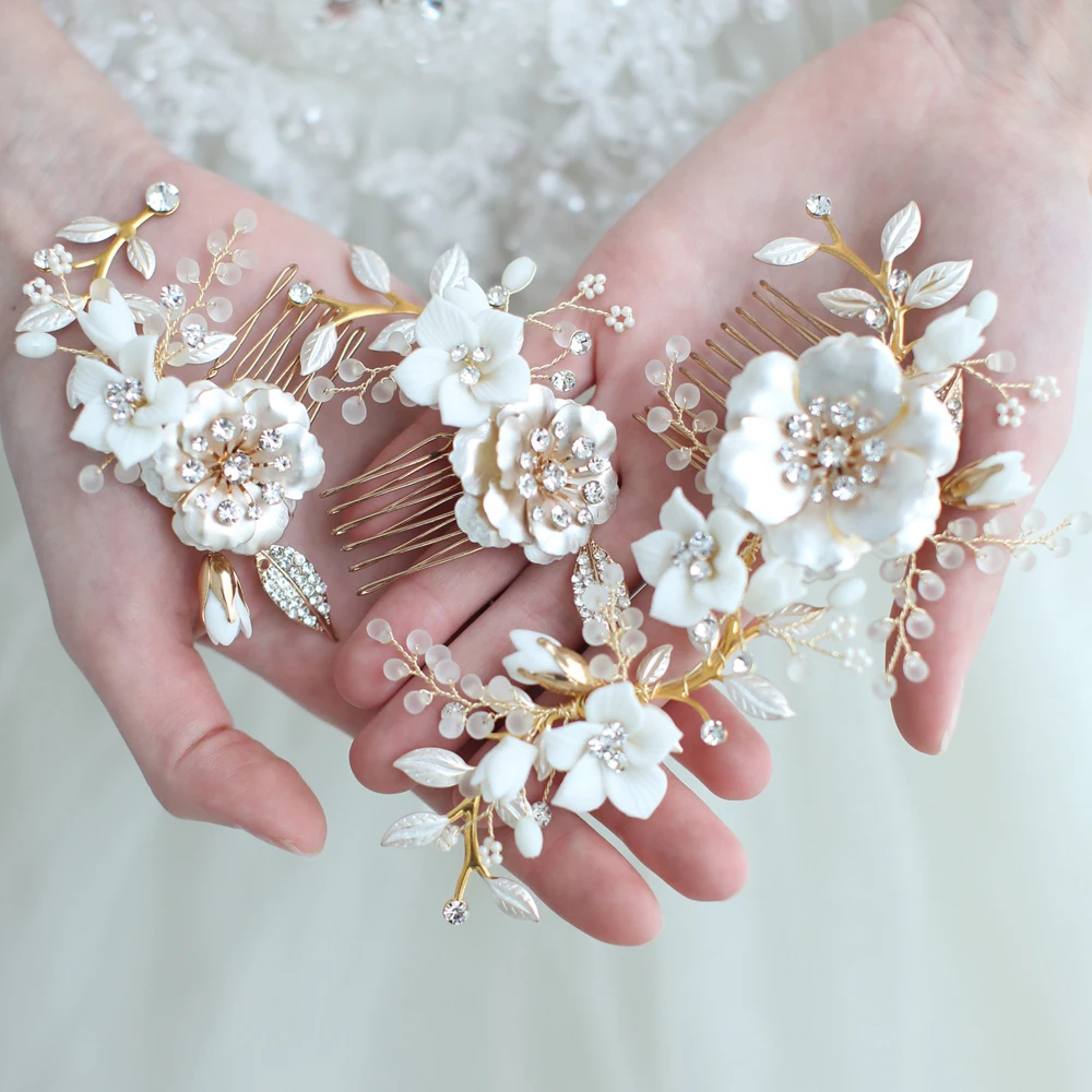 

Porcelain Flower Bridal Hair Combs Pins Set Fashion Wedding Headpiece Party Prom Side Tiara Handmade Brides Hair Accessories