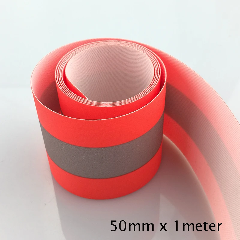 

50mm x 1meter Fluorescein Red Reflective Flame Retardant Fabric Material Sew On Tape Width 2"