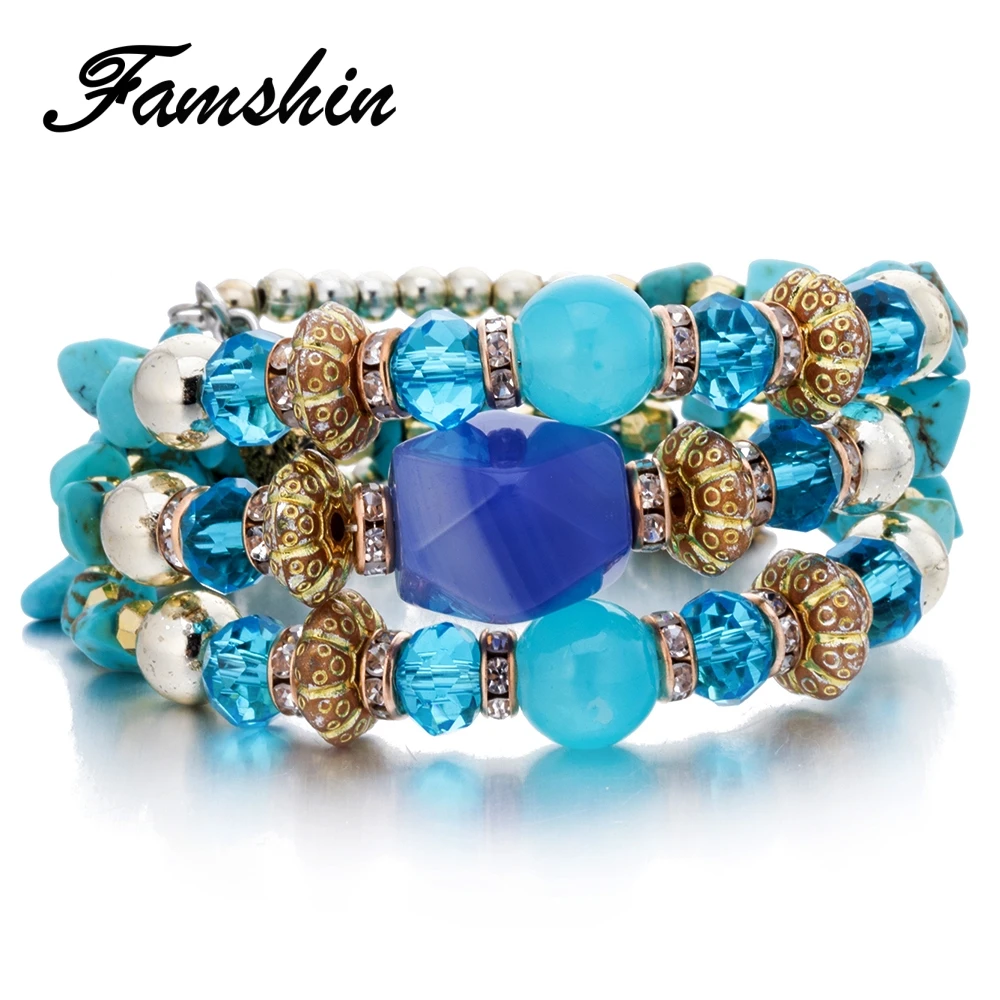 FAMSHIN многослойные в стиле бохо гравия Бусины Красочные Браслеты для Для женщин