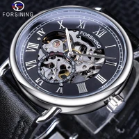 forsining silver case black genuine leather band roman number waterproof design mens mechanical watches top brand luxury clock