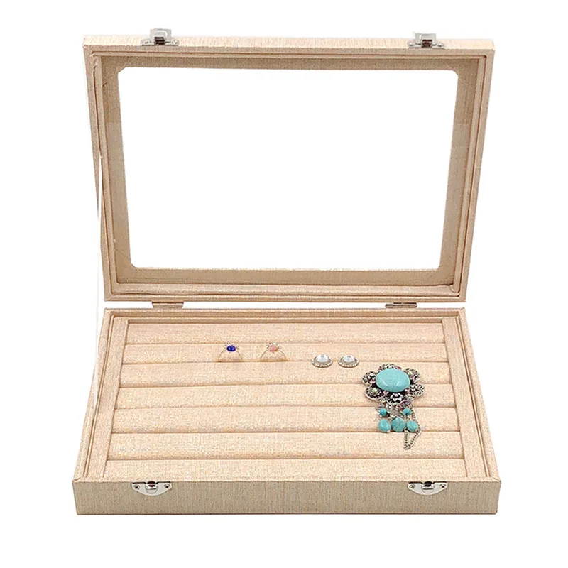 Velvet Carrying Case with Glass Cover Jewelry Ring Display Box Tray Holder Storage Organizer Earrings Bracelet | Украшения и