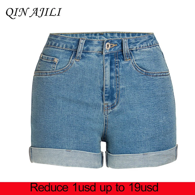 QIN AJILI Women 's Jeans Short Casual Straight Denim Cuffs Mujer Trousers Cotton Bleached For Woman Lady DIY Shorts Jean |