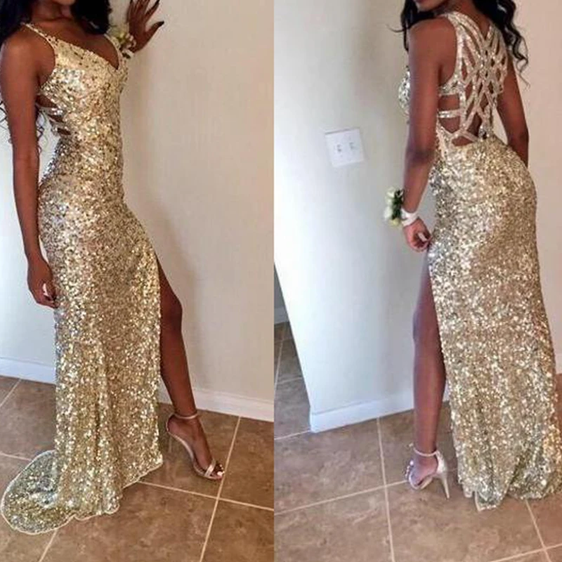 

Gold Sequins Long Prom Dresses Sexy Thigh High Slits Magnetic Vestidos De Fiesta 2021 Hollow Back Mermaid Party Gowns