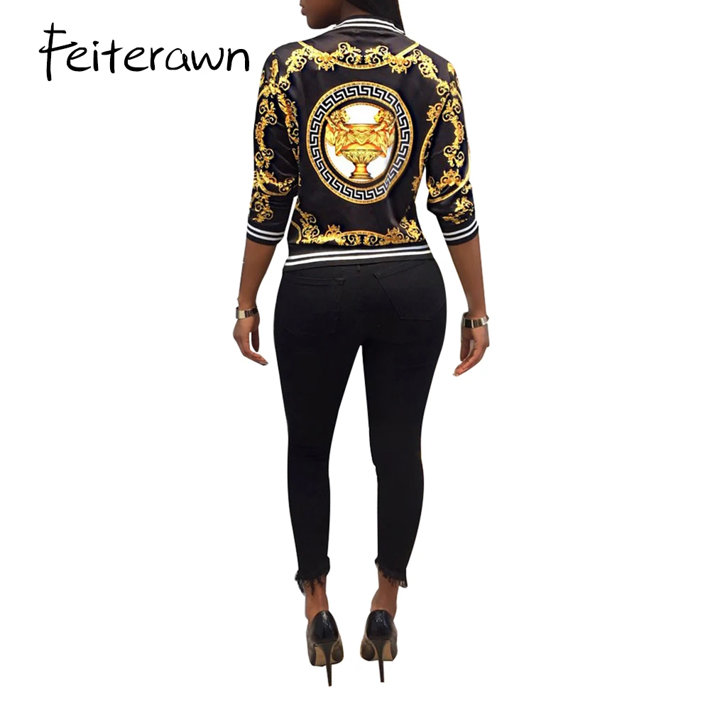 Feiterawn 2018 Autumn Winter Print Slim Jacket White Black Stand Collar Long Sleeve Fashion Jackets Women Zipper Female Tops | Женская