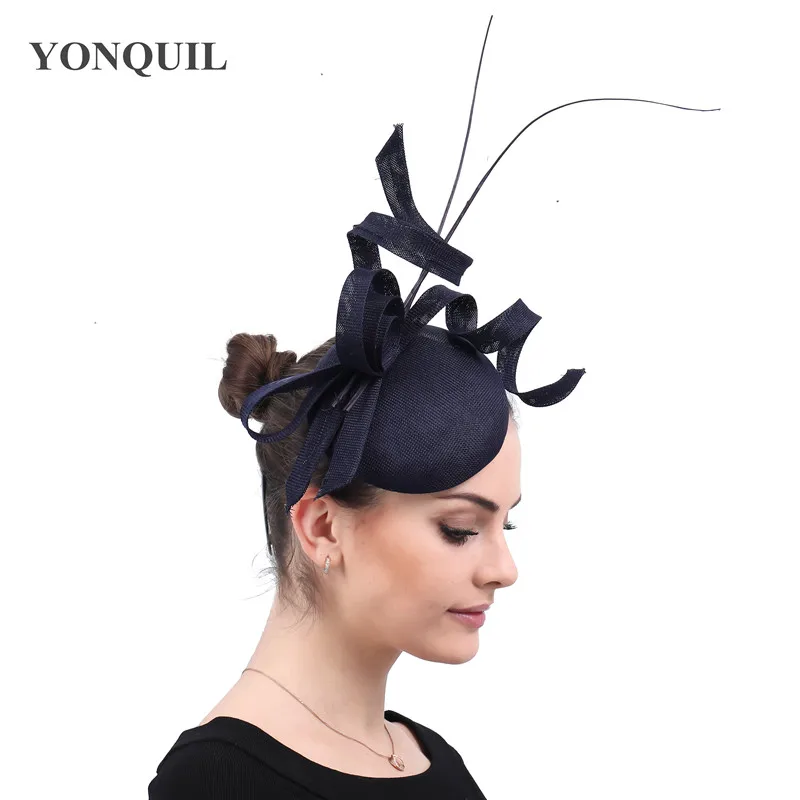 Тёмно-синий Champagne imitation sinamay fascinator ladies wedding hats royal floral with feathers headwear hair clips occasion church event - Цвет: Тёмно-синий