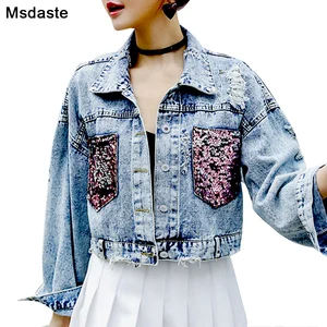 Женская короткая джинсовая куртка, повседневная короткая куртка из денима с блестками, верхняя одежда на осень, 2019