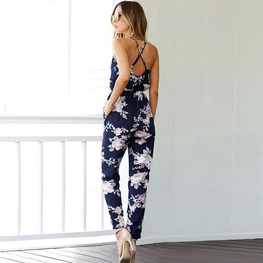 

New Women Clubwear Jumpsuit Print Backless Summer Playsuit Bodycon Party Romper V neck Sleeveless Women Jumpsuits