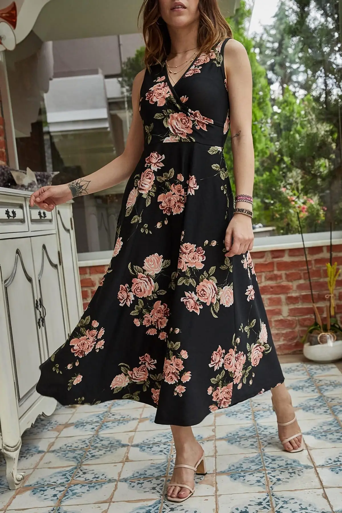 Xhan женское черное двубортное платье с цветочным принтом 9YXK6-41381-02 | Женская одежда