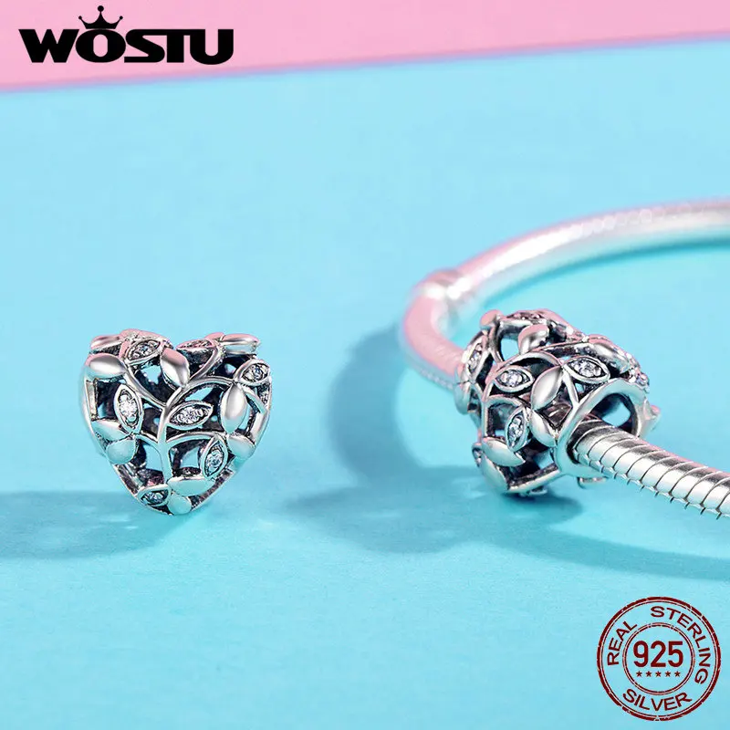 WOSTU горячая Распродажа настоящее 925 пробы Дерево листьев сердце Очаровательные