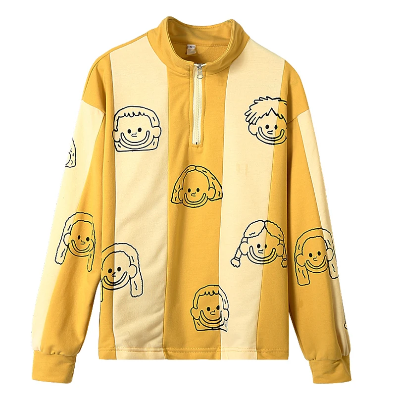 Женский пуловер с длинными рукавами желтый белый в полоску рисунком на молнии