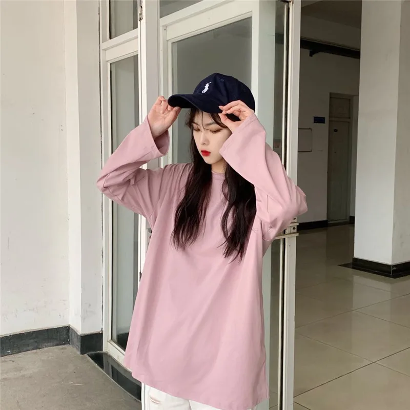 Spring Autumn Thin Women's Clothing harajuku loose Solid Tops O-neck long sleeve BF Tees Casual New ulzzang T-Shirts hipster | Женская