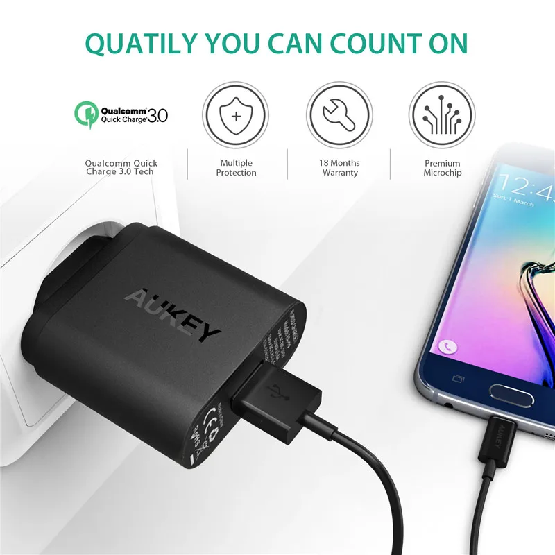 AUKEY Quick Charge 3 0 USB Wall Зарядное устройство ЕС США Plug Qualcomm QC3.0 Авто Путешествия для samsung