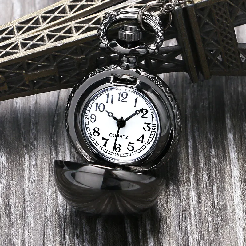 Модный черный гладкий шар кварцевые Fob карманные часы с цепочка ожерелье под