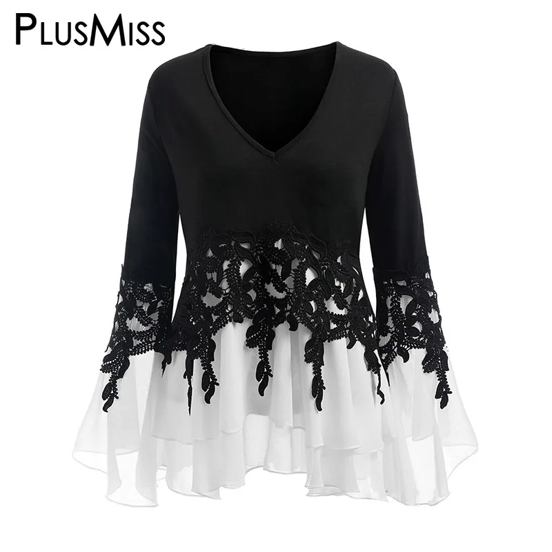 PlusMiss размера плюс 5XL пикантные колокол с расклешенными рукавами Шифоновая туника