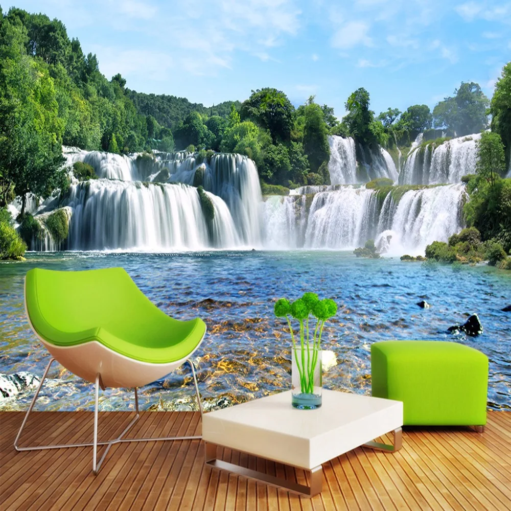 

Green Forest Waterfall Lake Nature Landscape Photo Mural For Bedroom Living Room Modern Home Decor Non-woven Custom 3D Wallpaper
