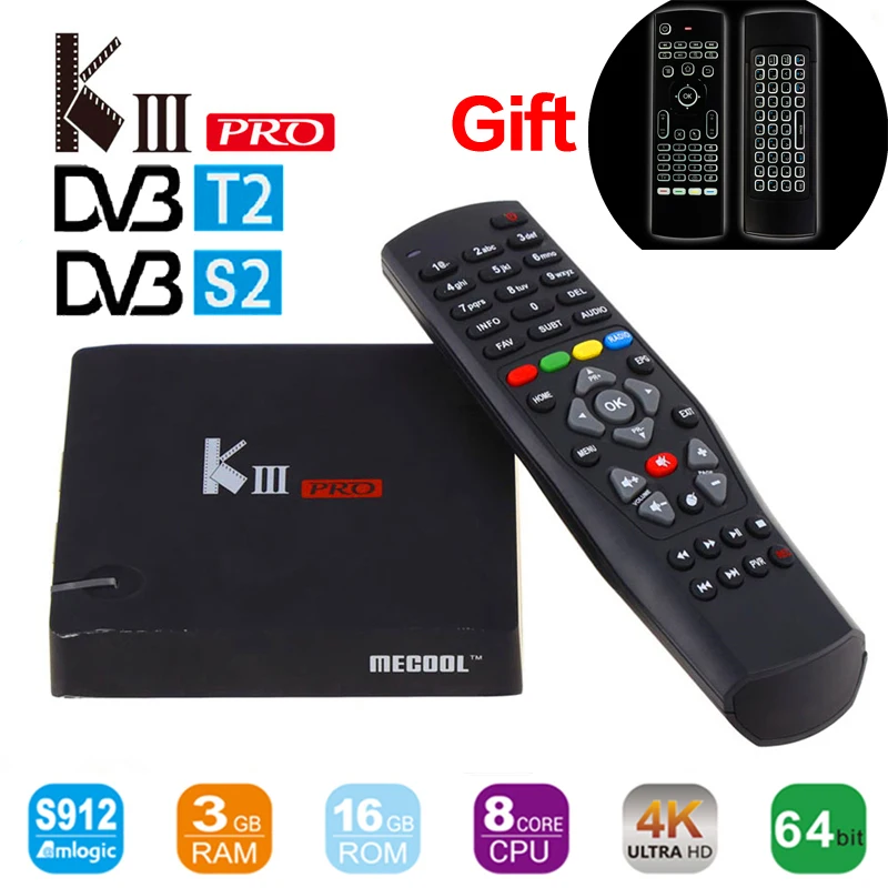 ТВ приставка MECOOL KIII Pro DVB S2 T2 Android6.0 Восьмиядерный процессор Amlogic S912 BT 4 0 3 ГБ/16 ГБ 2 4G/5G