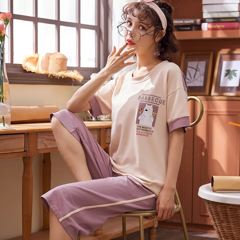 Милые 100% хлопок Для женщин одежда для сна женские пижамы девочек короткий рукав