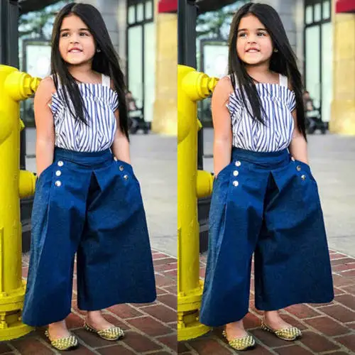 Повседневные детские комплекты одежды для девочек Топы в полоску джинсовые