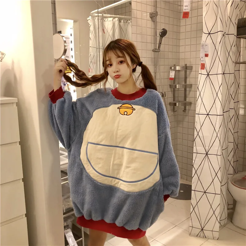 Kawaii autumn winter 2018 ulzzang Korea Women's Clothing cartoon cat Harajuku oversize Nightdress flannel long sleeve dresses | Женская