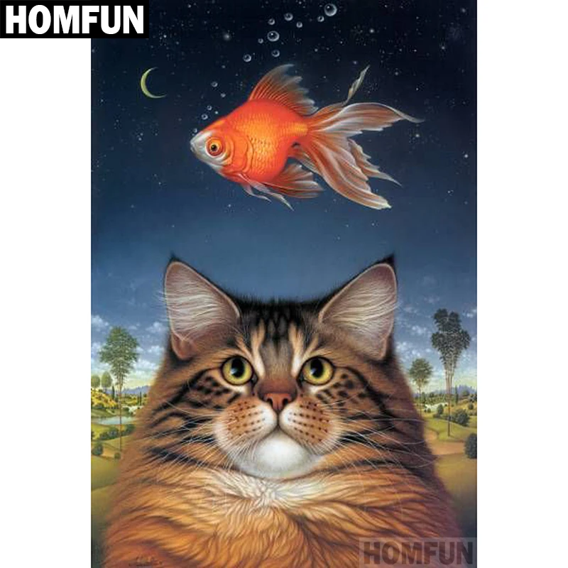 Алмазная 5D картина HOMFUN Кот и рыба вышивка крестиком из квадратных/круглых страз
