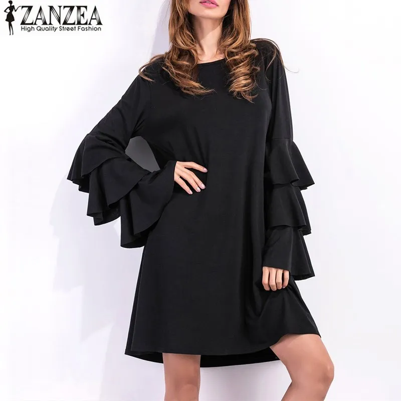 Elegant ZANZEA элегантные женские длинные расклешенные рукава мини платье
