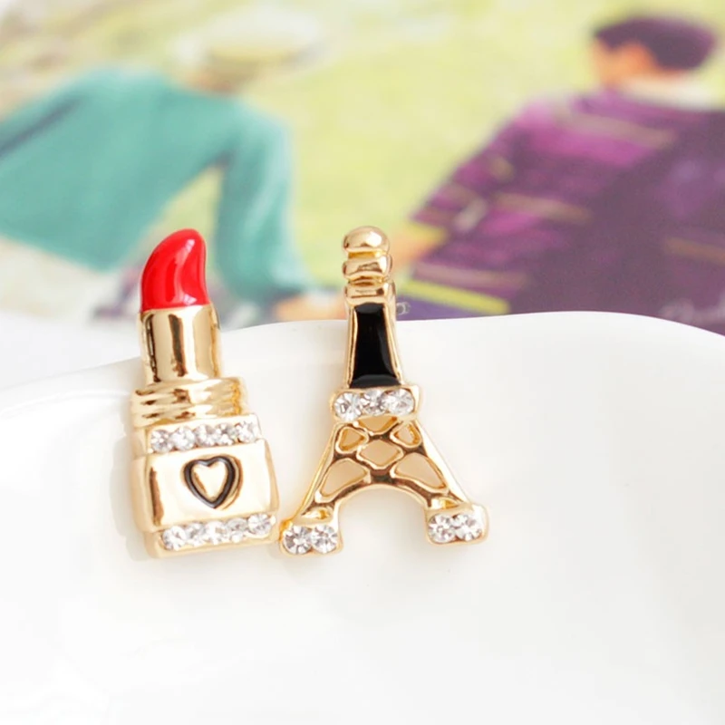 Серьги-гвоздики с изображением Эйфелевой башни Парижа парфюма помады красоты