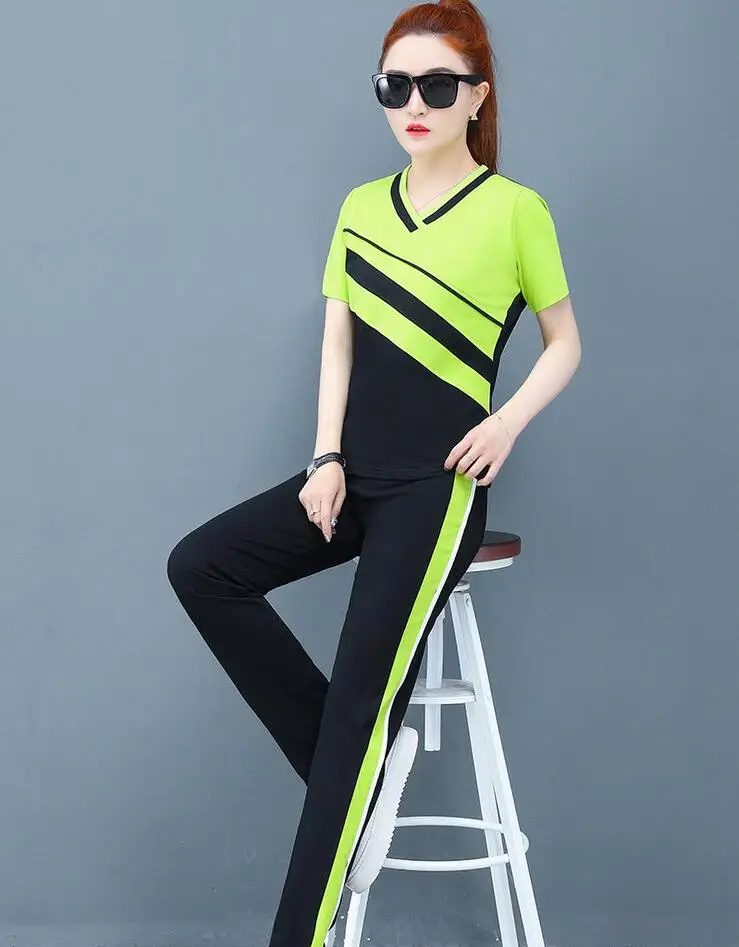 Rlyaeiz Korean 2019 Summer Fashion 2 Piece Set Women Tracksuit Casual Striped Color Patchwork T shirt + Pants Sporting Wear 4XL | Женская