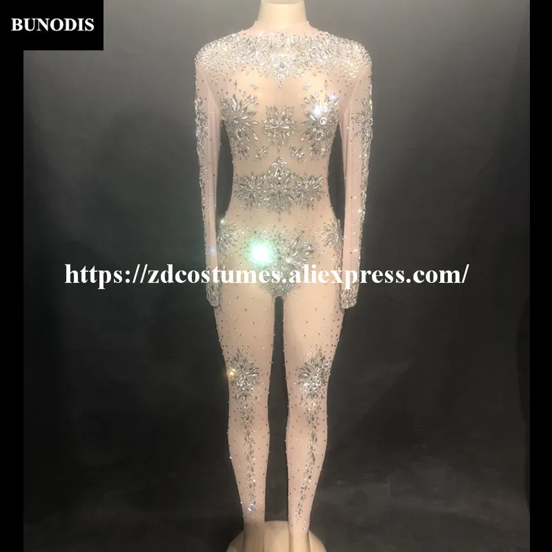 

ZD28402 Hot Sell Net Yarn Series Women Sexy Silver Diamond Bling Jumpsuit Glass Sparkling Crystals Bodysuit Fit Nightclub Party