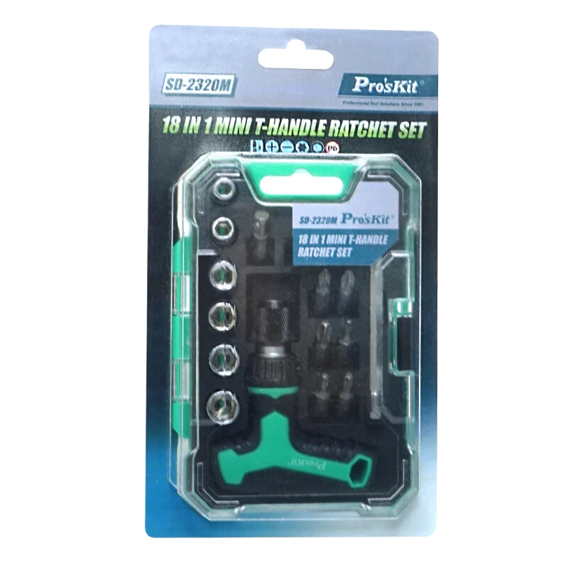 Мини отвертка с храповым механизмом Pro'sKit Φ 18 в 1 T 6 втулками регулируемый