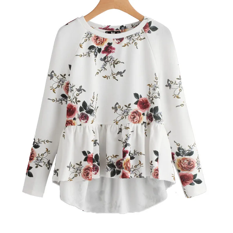 Dotfashion Блузка-туника с рукавом реглан и оборками с глубоким подолом, белый топ с круглым вырезом и цветочным принтом, женская блузка с длинным рукавом