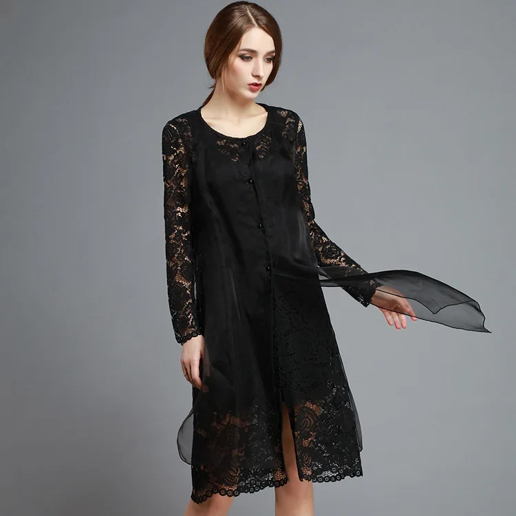 Женское длинное шелковое платье с цветочным рисунком свободное черное кружевное
