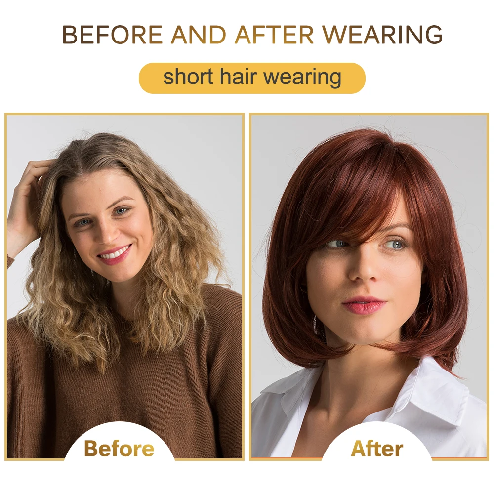 Element Heat Resistant Synthetic Brown Wig Blend 50% Human Hair High Density Pre Plucked Hairline 12 inch Long Wigs for Women