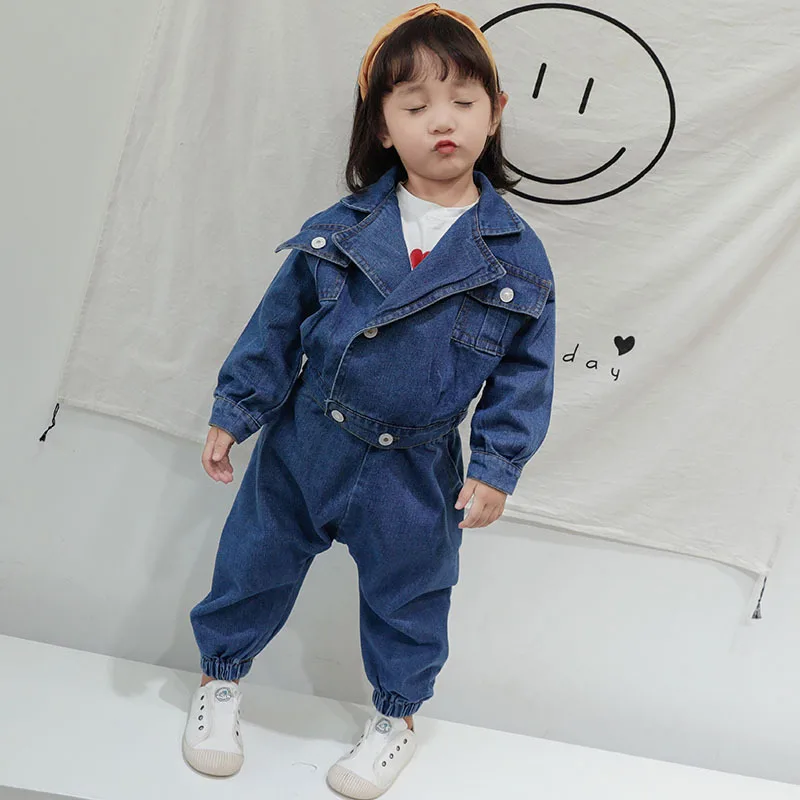 

Fashion Children's Clothing Girls Denim Suit Autumn New Baby Girl Turn-down Jacket+denim Pants 2pcs Girl Sets Baby Outwear Suit
