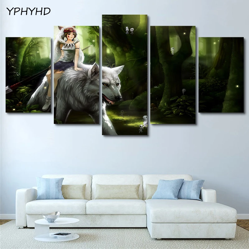 YPHYHD 5 панель Мультфильм Принцесса Мононоке езда белый волк домашний Настенный
