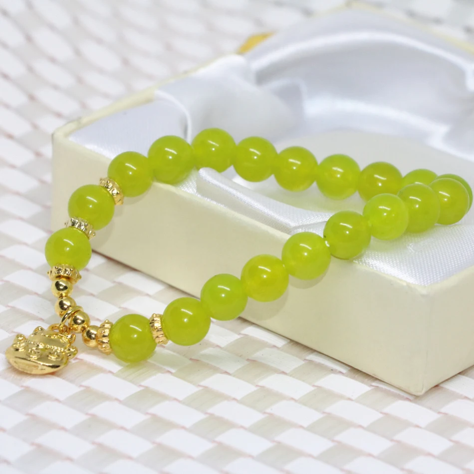 High grade gold color accessories olive green jade chalcedony 8mm round beads fashion women bracelet jewelry 7.5inch B2065|bracelet jewelry|womens