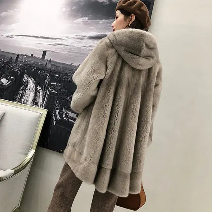 Новое натуральное Норковое меховое пальто с капюшоном, длинное пальто, зимняя женская верхняя одежда - Цвет: Silver blue color