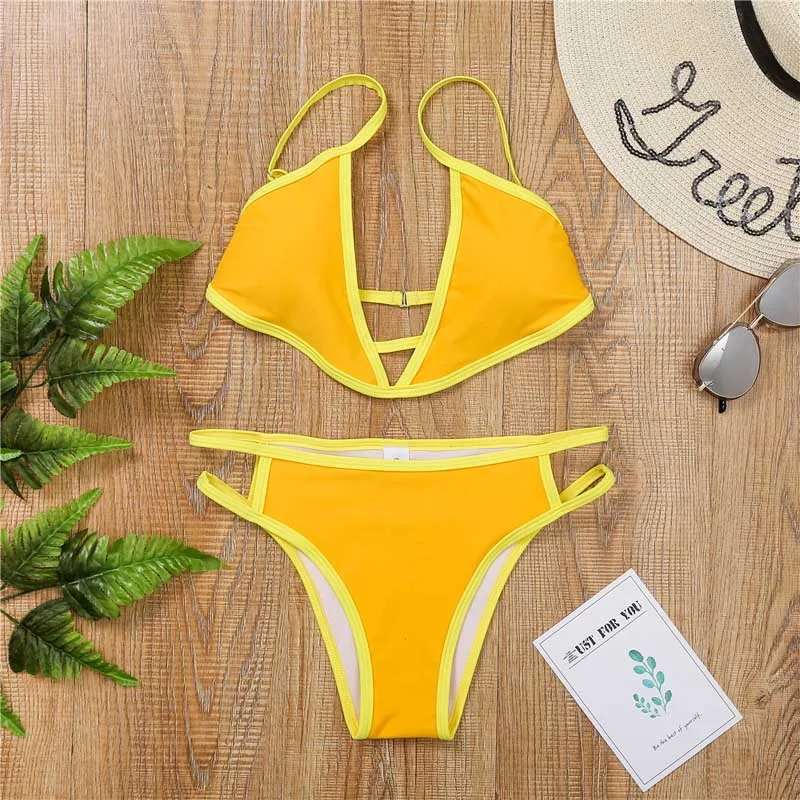 Сексуальный купальный костюм с высоким вырезом женское однотонное бикини