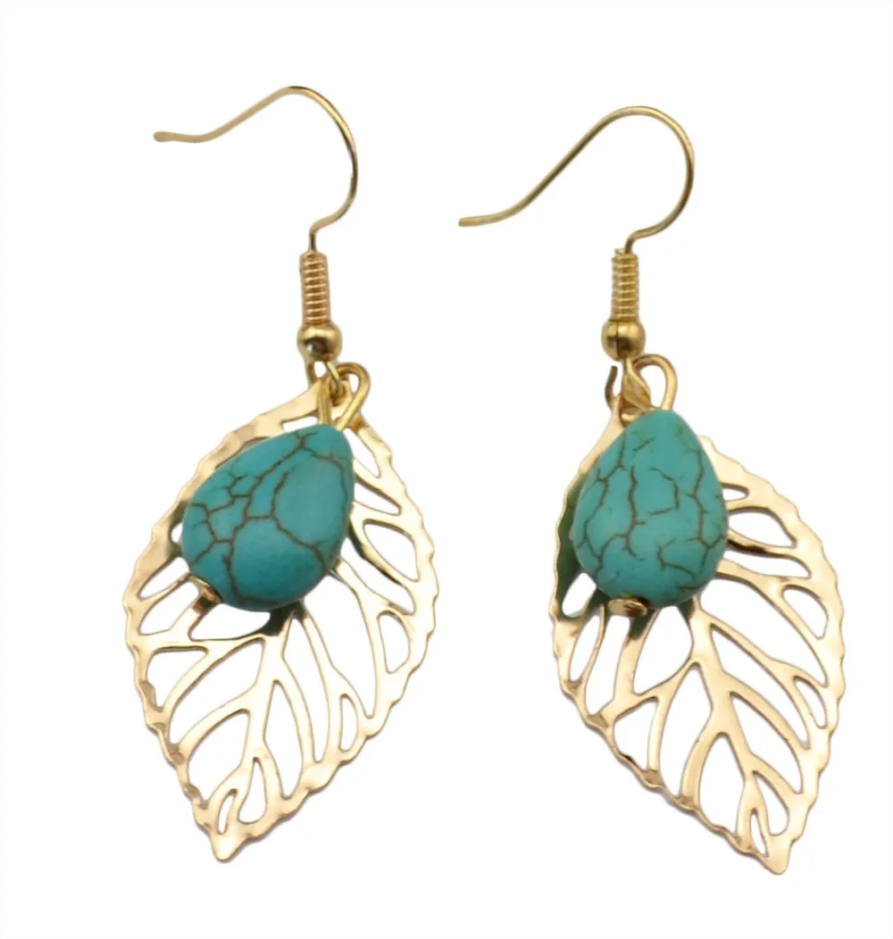 

Seblasy New Fashion Big Hollow Bohemian Natural Stone Beads Leaves Dangle Earrings for Women Vintage Valentine's Day Jewelry