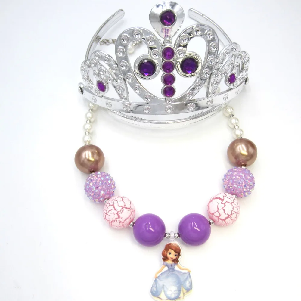 1set Girls Lovely Princess Sofia Charm Purple Amulet Baby Chunky Bubblegum Necklaces Tiara Crown Hair Clip HeadwearJewelry |