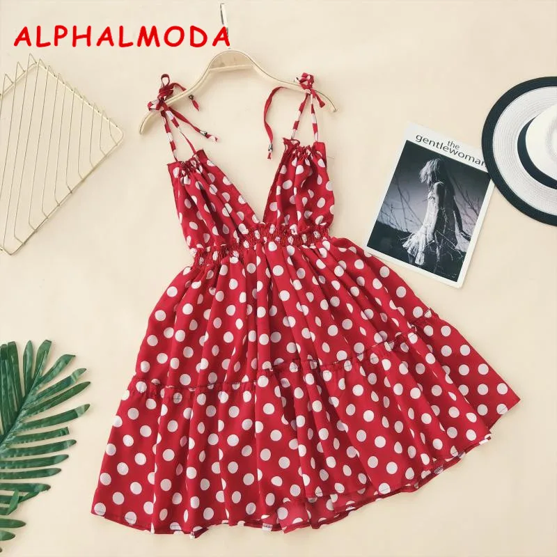 ALPHALMODA праздничное платье с открытой спиной на бретельках, v-образный вырез, высокая талия, узор в горошек, женское летнее пляжное платье