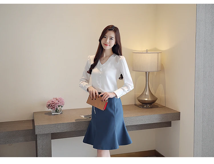 blusas mujer de moda womens tops and blouses women blouses Chiffon Office Lady Full Solid V-Neck tops 1761 50