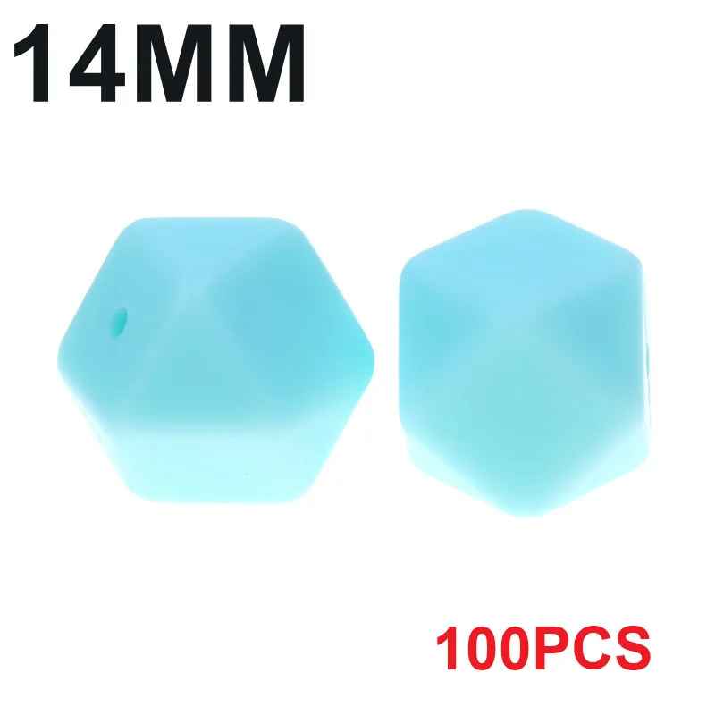 62 Blue Green Fkisbox, Bpa бесплатно, 14 мм, 100 шт., силиконовые шестигранные бусины, детские жевательные прорезыватели, прорезыватели, ожерелье, соска, цепочка, сделай сам, подарок для малышей - Цвет: 62 Blue Green