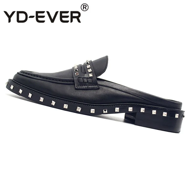 Mules Black Half Cow Skin Runway Fashion Metal Men Shoes Italy Brand Large Size Sandals Rivet British Style Custom Stud Slides | Обувь