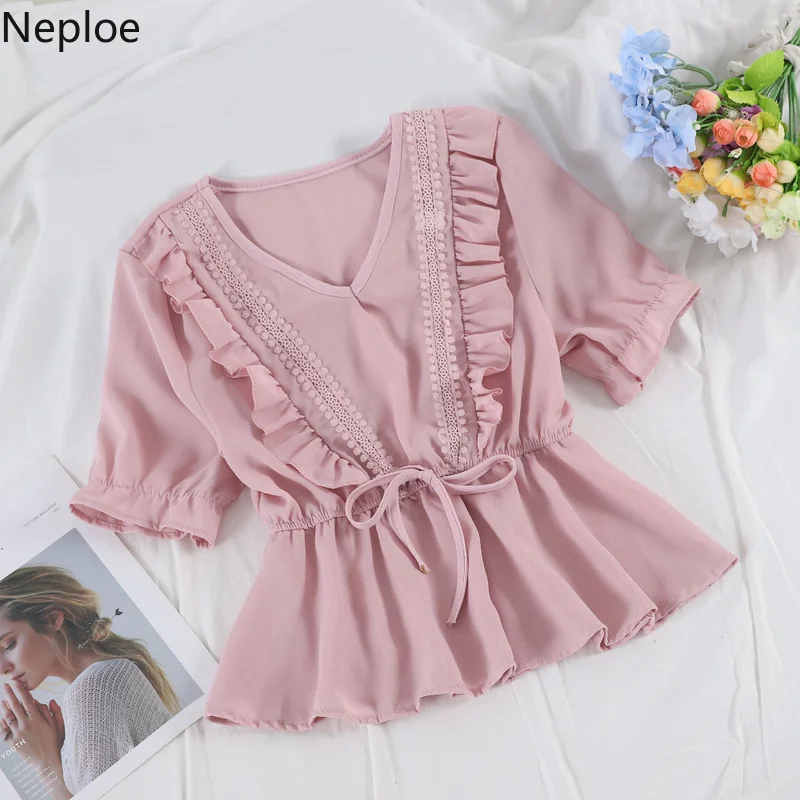 Neploe Лето 2019 женские топы милая девушка v образным вырезом Фонарь короткий рукав